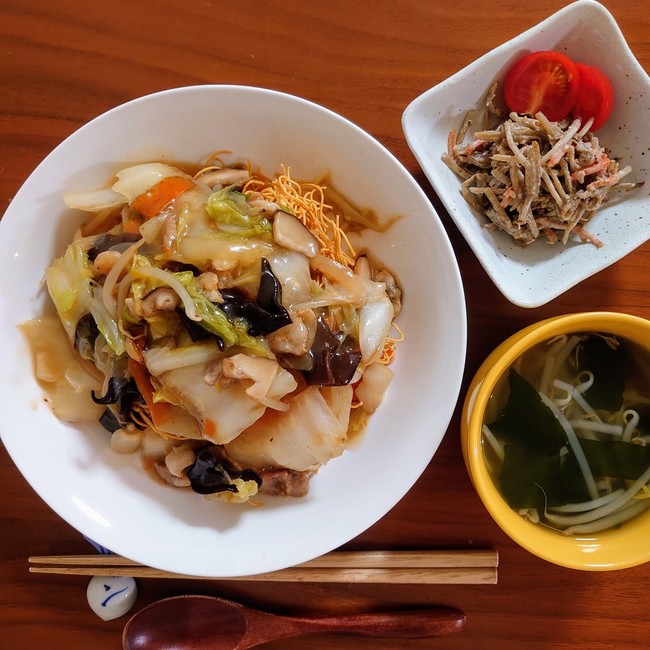 長崎皿うどん もやしわかめスープ ごぼうサラダ フジッコ Myごはんログ クックパッドブログ