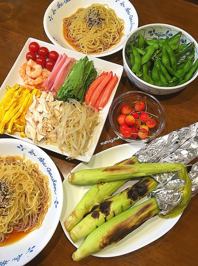 冷やし中華と焼きベビーコーン ままごはん 改めばぁばまんまのごはん日記 クックパッドブログ