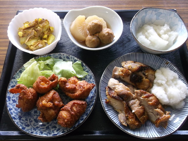 鶏のから揚げと３種の副菜 かきいちの今日の昼ご飯 クックパッドブログ