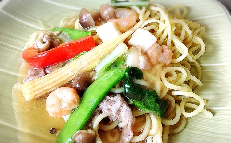 簡単エビマヨと海鮮あんかけ焼きそば♫フルーツ杏仁DEおうち中華