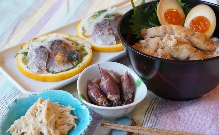 【リクエストメニュー】鯵三枚おろしで夏みかん盛り&唐揚げ半熟煮卵ごはん