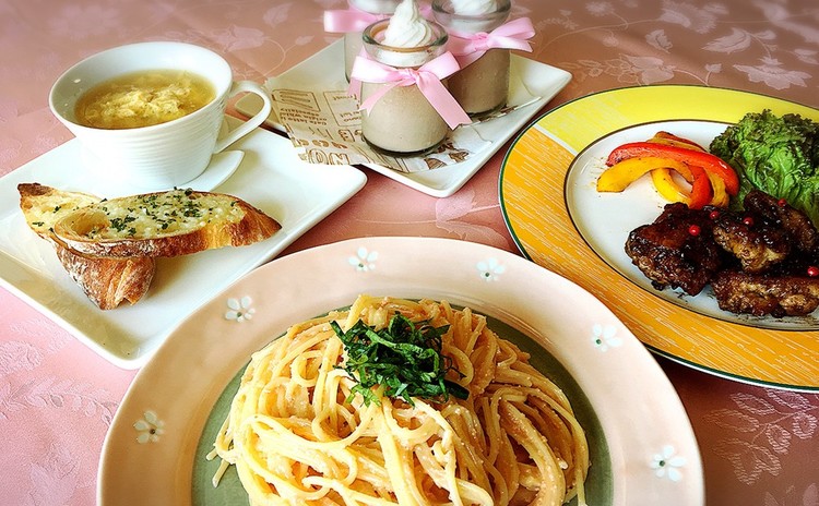 絶品明太子パスタと鶏のバルサミコソテー🎵クリームチョコプリン他2品