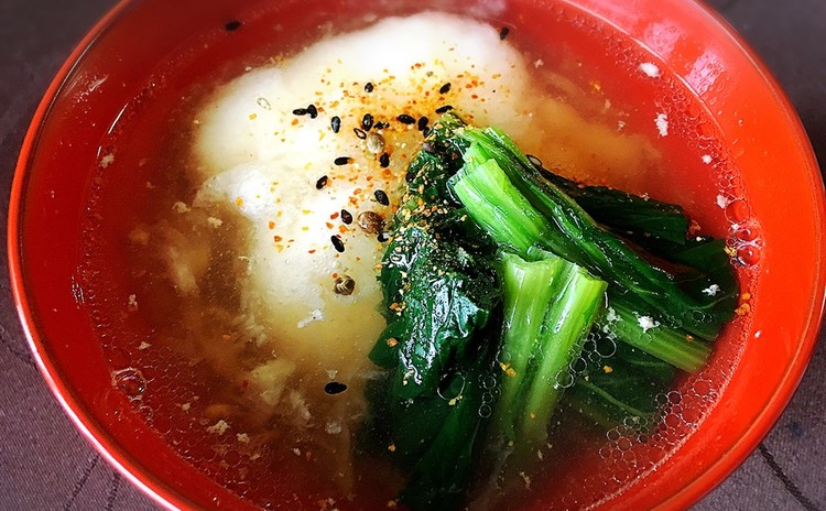 揚げ餅のみぞれ雑煮と海老のつや煮☆たたきごぼうと豚のアスパラ巻き他3品