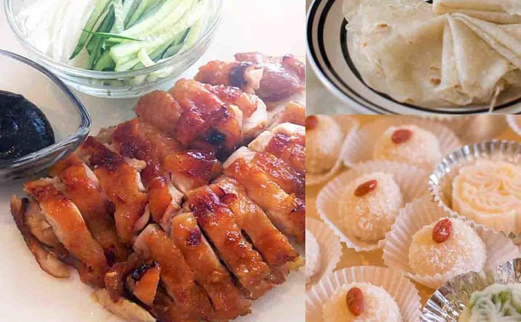 粉から作る春餅、鶏肉の焼き物&ココナッツ団子&冷たいカスタード月餅