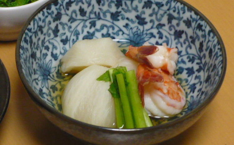 煮魚 海老とカブの炊合せ 菜の花辛子和え 豆ごはん あさりの吸い物
