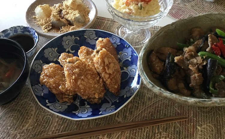 ☆はちみつ決め手deおかず手羽先♪なすと豚肉みそ炒め&ポテトサラダ