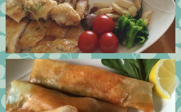 パリッとチキンソテー&プルプル海老と枝豆の春巻き・新生姜ご飯他