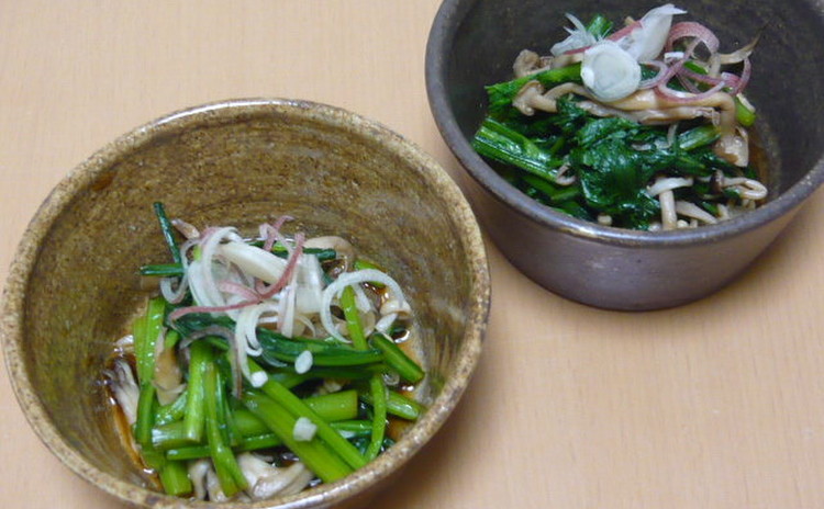 海老と茄子の炒め煮 鶏つくね キノコと菊菜の和え物 ふき土佐煮
