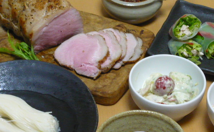 ローストポーク 生春巻き 海老とアボガドのサラダ トマトそうめん