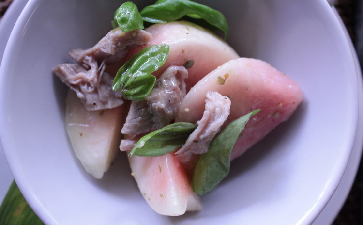 盛夏の食材!茄子の厚皮餃子、桃サラダ、茄子アボカド豚肉とパイン生春巻、