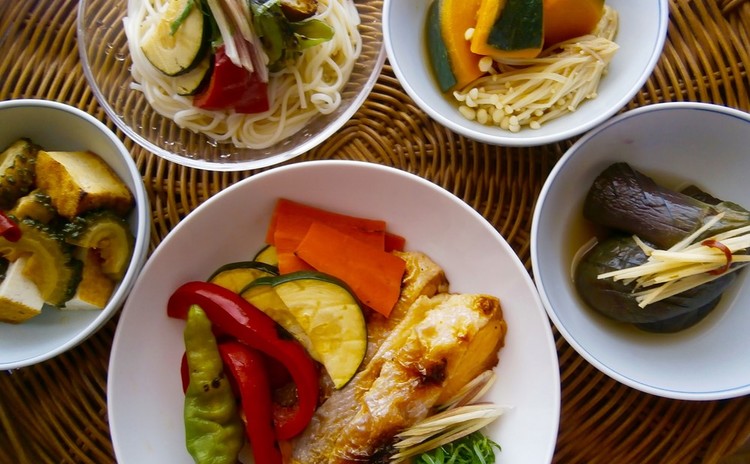 鮭と夏野菜の焼き浸し、ゴーヤの揚げ浸し、ナス・カボチャの蒸し浸し