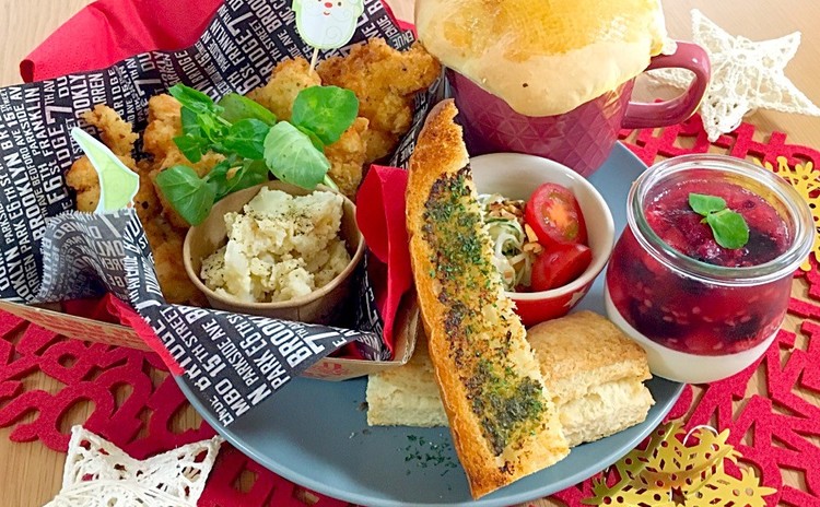 サクサクフライドチキンにポットパイスープのクリスマスプレート全6品