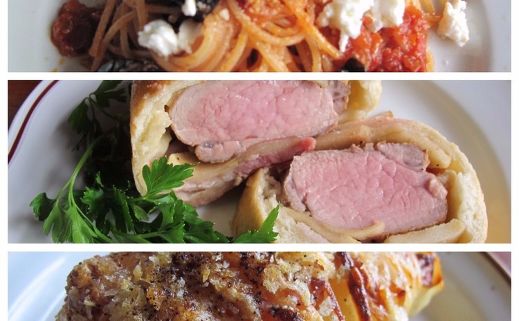 揚げナスのトマトソース、豚ヒレ肉パン包み、ジャガイモのスフォリアテッレ