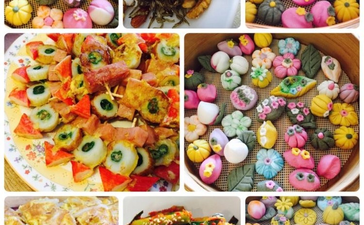 花ソンピョン송편他料理作り(韓国料理)100%米粉使用、持ち帰りあり緑豆チジミ녹두지지미、串チジミ꼬치、ミョンルチル炒め멸치견과류볶음、オイキムチ오이겉절이🌸