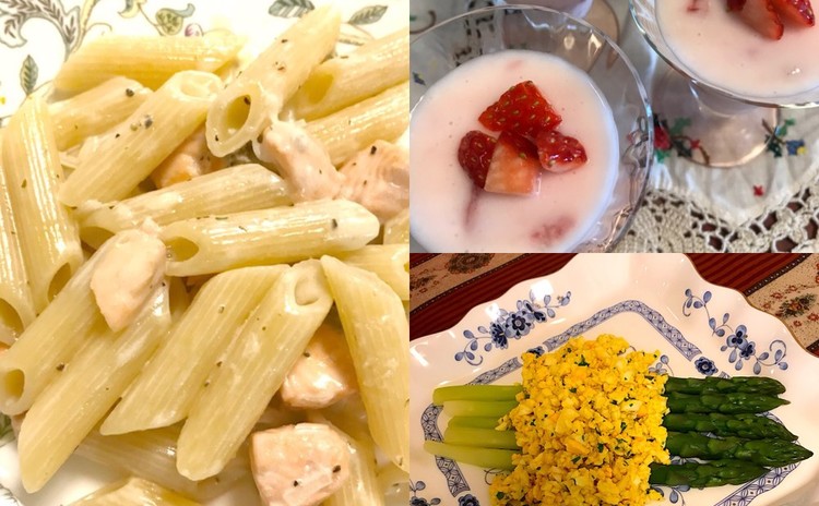 サーモンのペンネ☆アスパラのミモザ☆いちごのドルチェ☆ロゼワインと共に
