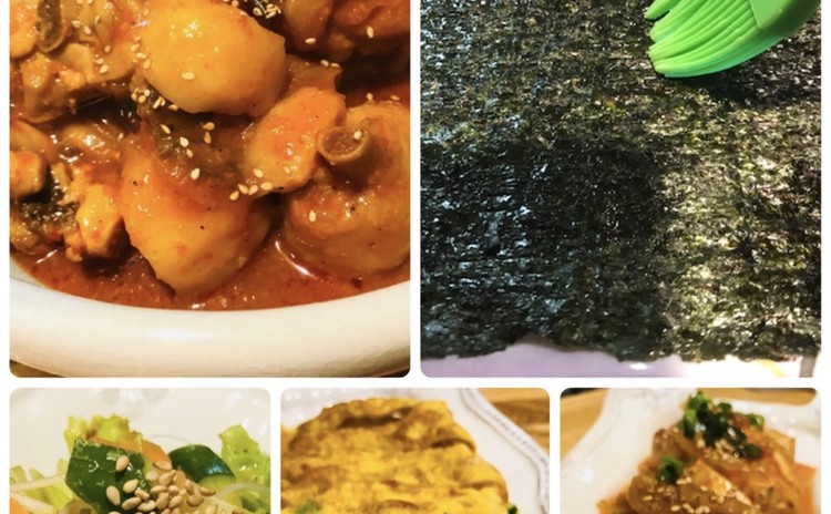 鶏タン(韓国料理)焼き海苔、卵焼き、豆腐ゾリム、サンチュサラダ(お土産あり)