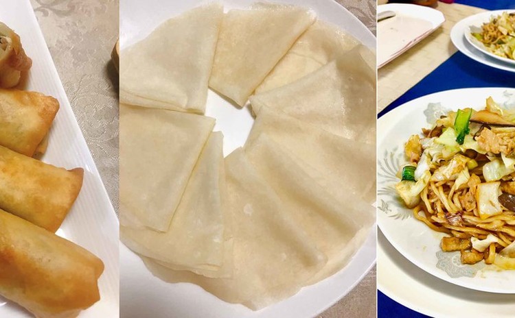 ごく薄皮の春餅と手作り皮の春巻、手打ちの上海焼きそば