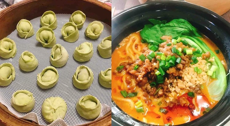 スープが流れ出るほうれん草入り蒸し餃子&坦々麺