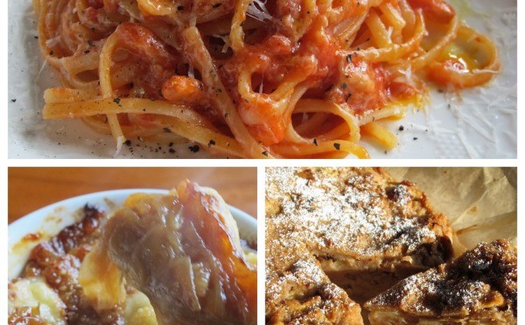 アマトリチャーナ、オニオングラタンスープ、リンゴとパンのケーキ