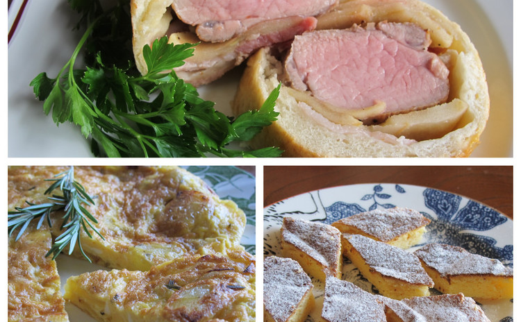 豚ヒレ肉のパン包み焼き、イタリアンオムレツ、モリーゼ風アーモンドケーキ