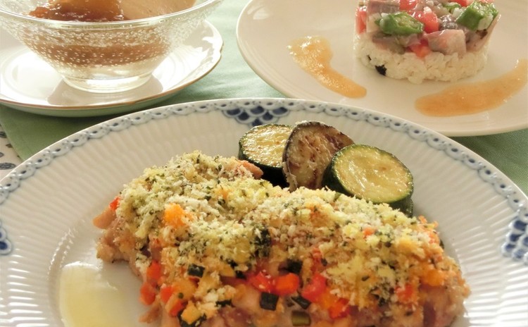 鶏肉と夏野菜のパン粉焼き、鯵とオクラのタルタル、ほうじ茶のババロア