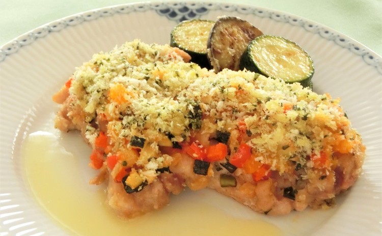 鶏肉と夏野菜のパン粉焼き、鯵とオクラのタルタル、ほうじ茶のババロア
