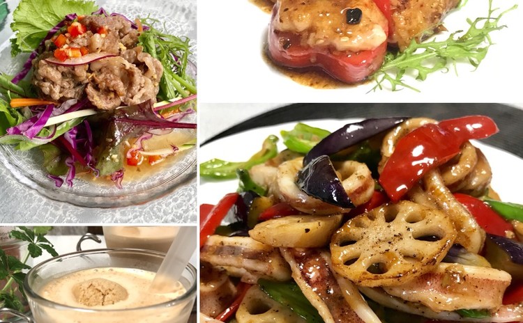 イカと野菜の黒胡椒炒め・牛肉サラダ・ピーマンの海老あん詰め豆豉ソース