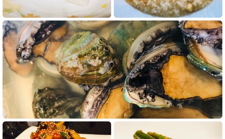 アワビお粥전복죽、ツブ貝ムチム골벵이무침、チキンム치킨무、マヌルチョン和え物마늘쫑무침(お土産あり)