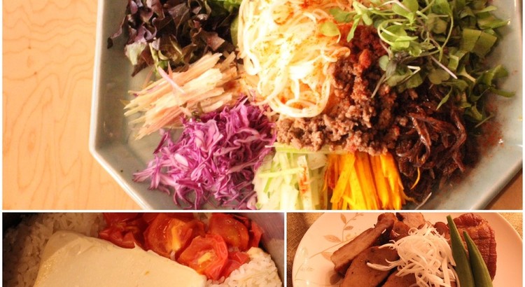 真夏の和え麺、煮豚、トマトと豆腐の炊き込みご飯、煮豚で展開料理2品、