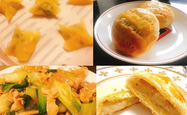 香港名物ワイフケーキ&卵麺のあんかけ焼きそば、パクチー入り蒸し餃子