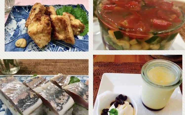 旬の野菜いっぱいと酢締め鯵の押し寿司、暑い夏にピッタリのメニューです。