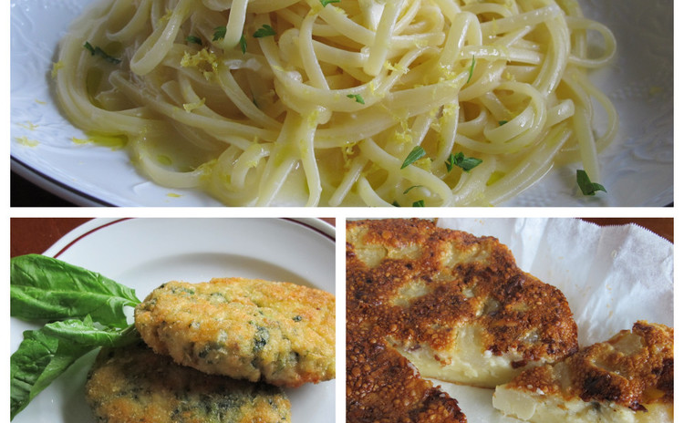 レモンのパスタ、鶏肉とほうれん草のスピナッチーネ、洋ナシのクラフティ