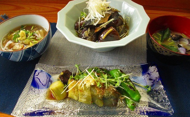 京の夏のおばんざい!2種の茄子料理と芋茎の餡かけ、しじみのみそ汁