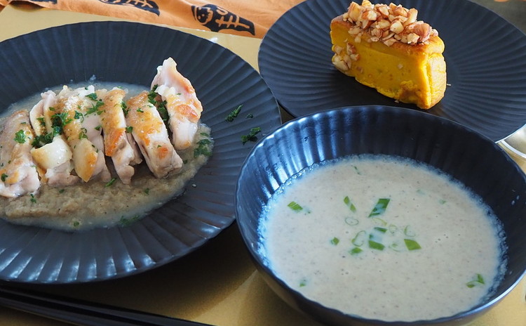 【料理教室:実習あり】ハロウィンを♪コクある調味料ごぼうソースで♪鶏肉ソテー・ポタージュにアレンジ&キャラメルナッツのパンプキンケーキも!
