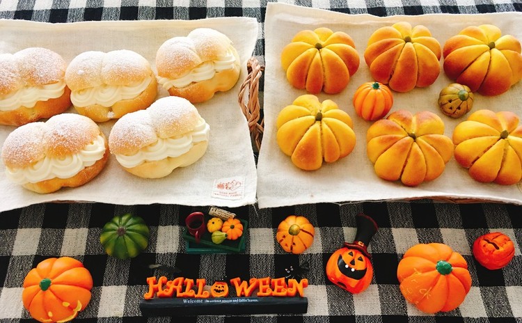 ハロウィンレッスンメニュー
南瓜あんパンとレモンチーズクリームパン(白神こだま酵母)