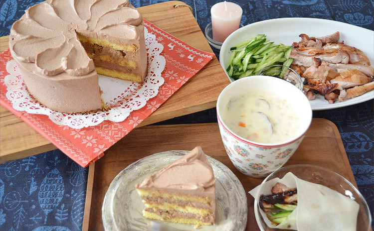 🌟今年のクリスマスはチョコケーキにしませんか? チョコ生クリームとくるみのデコレーションケーキ&チキンの北京ダック風&あさりのクラムチャウダー