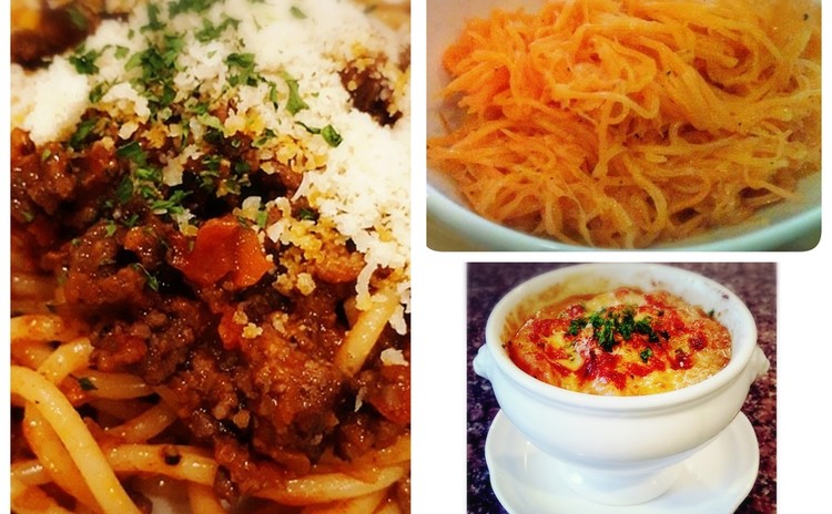 【砂糖不使用ヘルシー洋食】濃厚ミートソースパスタ、オニオングラタンスープ、キャロットラペ