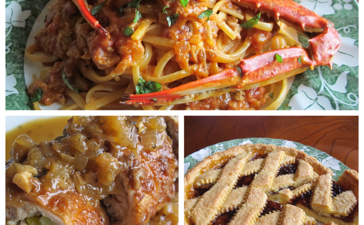 渡り蟹のトマトクリームパスタ、チキンロールのマスタード風味