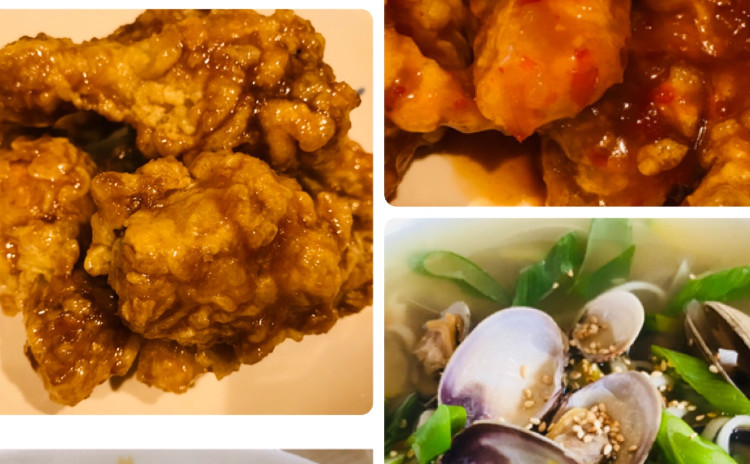 ハニーコンボチキン허니콤보치킨ヤンニョンチキン양념치킨、チキンム、バジラックカルクッス바지락칼국수、即席キムチ배추겉절이(リクエスト)