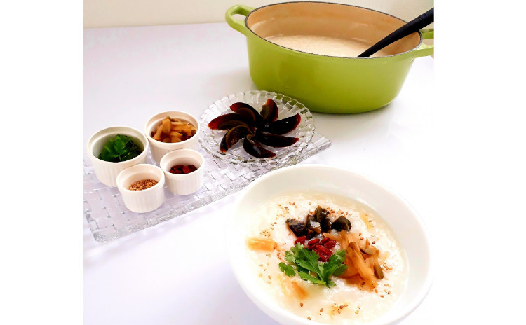 オススメ‼️【お砂糖不使用★ヘルシー中華】①鶏肉と貝柱と大根のお野菜たっぷり濃厚香港風中華粥セット、②副菜1:手羽元の簡単棒々鶏、③副菜2:春菊の炒め物、④副菜3:ネギと生姜のオイスターソース和え