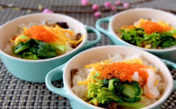 春満載!簡単お祝い御膳! 年に一度の和食レッスン! 蒸しちらし寿司/フライパンで!ふっくらしゅうまい/大根と鶏肉の甘辛炒め煮/菜の花のおひたし/