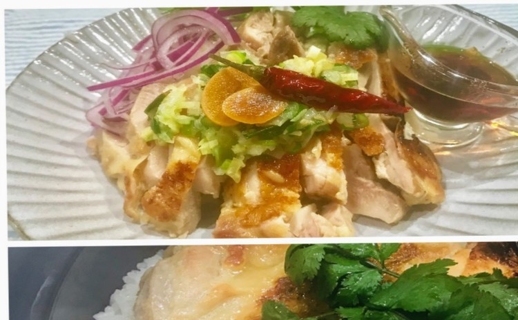 海南鶏飯をトリプルのたれで。鶏の旨味をご飯に吸わせ、ご飯はしっとり、鶏は柔らかく炊き上げます。ニンニク醤油、塩生姜ネギ、ラー油(手作り)のトリプルをかけて仕上げます。