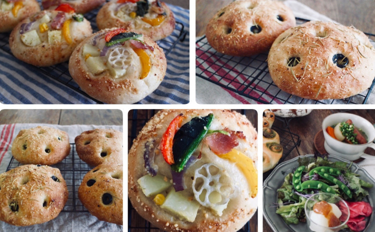 ***お野菜モリモリの*野菜ピザ*シンプル生地で最高のフォカッチャ*同じ生地で2種類のアレンジが効くパン作りをお伝えします!!今まで出会ったフォカッチャより断然美味しいはず!!!ランチプレート付き*作ったパンは全てお持ち帰りできます***