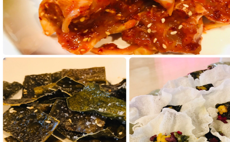 ヤンニョンゲジャン양념게장アンコウチム아구찜. 昆布ブカク다시마부각. 花ブカク꽃부각