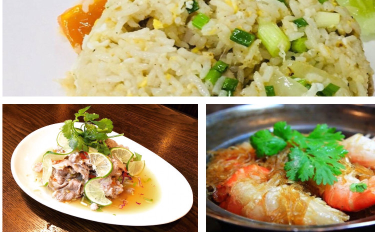 タイ人シェフから教える美味しいタイ料理。有頭ブラックタイガーの春雨蒸し焼き&豚肉のライム香りスパイシーサラダ&豚炒飯