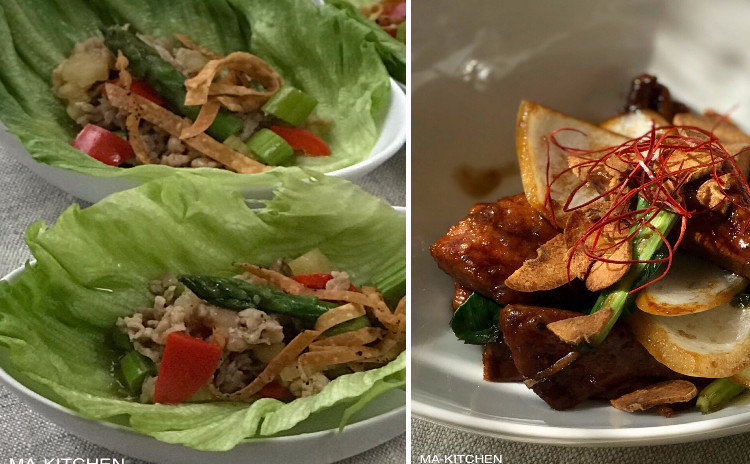 豚肉とアスパラのレタス包み・レバニラ炒め・搾菜と黒胡椒のご飯・鶏団子と青梗菜のスープ・他