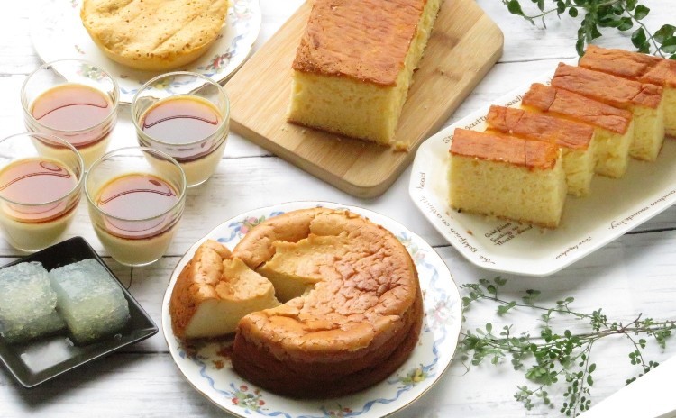 和スイーツレッスン♪黒蜜きなこのチーズケーキ・カステラ・ほうじ茶ラテゼリー・サイダー寒天・おまけの蒸しケーキ