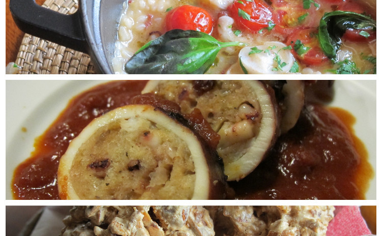 イタリア風タコ飯、イカの詰め物のトマト煮、ブルッティマボー二