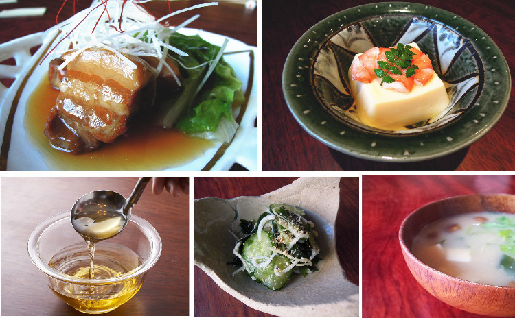 鰹出汁の取り方と、料理屋の豚角煮・玉子豆富・お浸し・味噌汁など