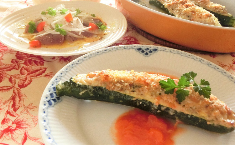 初夏から夏に向けて~ズッキーニの肉詰め焼き、カツオのマリネ